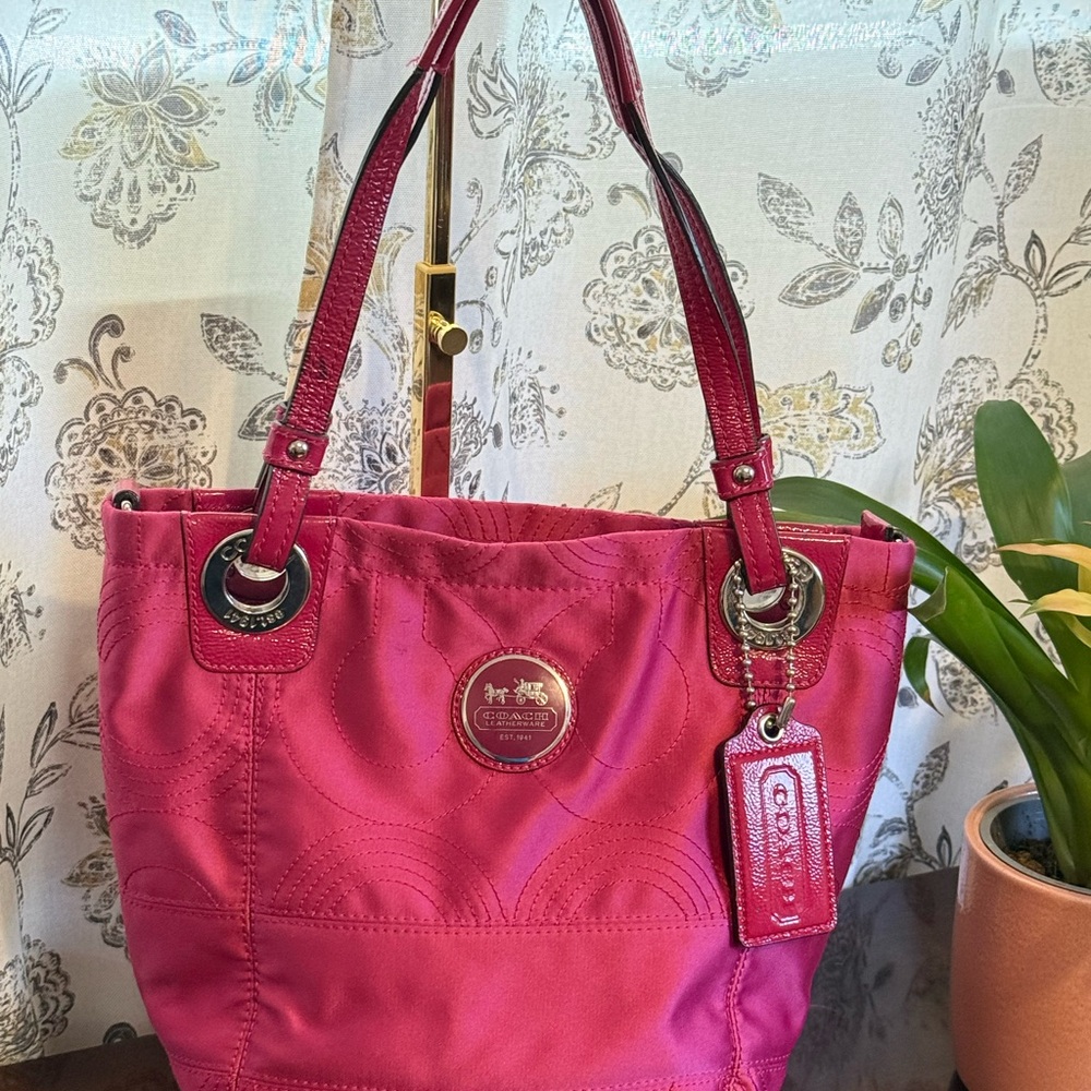 Coach Hot Pink Sateen Small Tote with Leather Trim